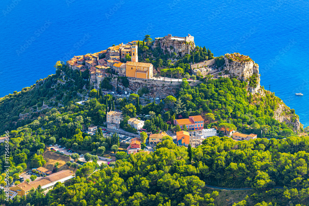 View of Eze, a small medieval village in Provence, France. Eze is listed under the most beautiful villages of France