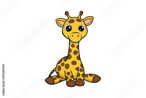 Adorable cartoon giraffe sitting with big expressive eyes, ideal for kids books, games, or nursery designs