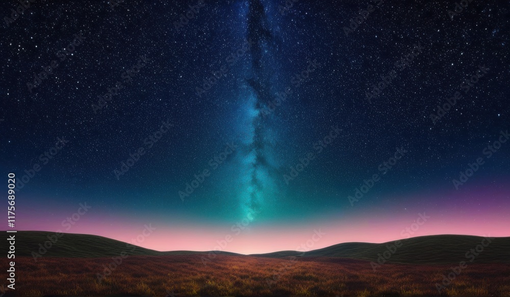 A surreal landscape with a field of glowing a crescent moon, and a starry sky A surreal landscape with a field of glowing a crescent moon, and a starry sky