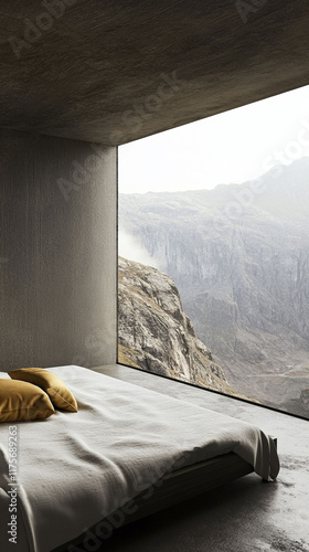 A minimalist bedroom with soft gray walls a white bedspread and golden throw pillows. photo