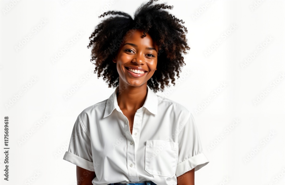 Happy young black woman poses confidently in casual chic white shirt. Stylish female model displays bright smile. Studio shot against plain white background. Trendy outfit captures modern style. Happy young black woman poses confidently in casual chic white shirt. Stylish female model displays bright smile. Studio shot against plain white background. Trendy outfit captures modern style.