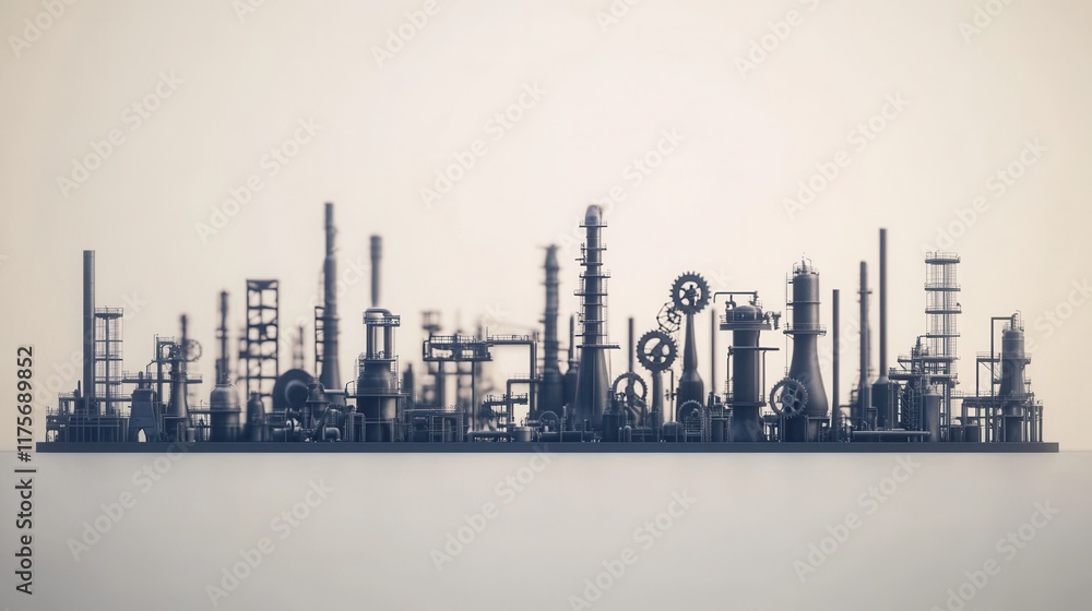 Fototapeta premium Minimalist industrial design elements, factory silhouettes, machinery gears, clean lines, modern aesthetic, versatile for various applications