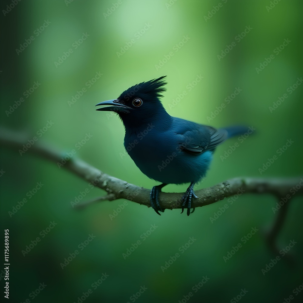 Obraz premium A close-up image of a blue bird perched on a branch, with a blurred green background.