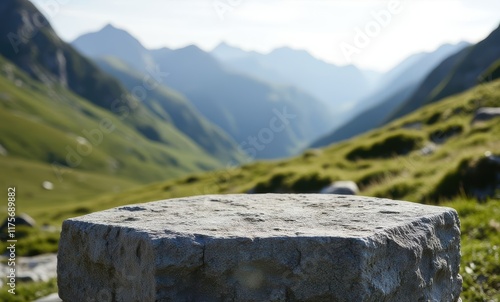 Scenic mountain view over a stone table photo