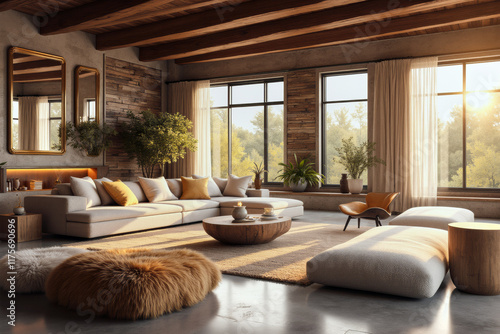 A photo of modern livingroom interior design: A living room filled with furniture and a large window. photo