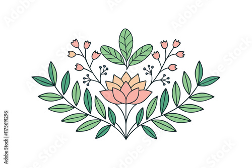 Hand drawn floral vector design with intricate leaves and flower details in a clean and minimalist arrangement