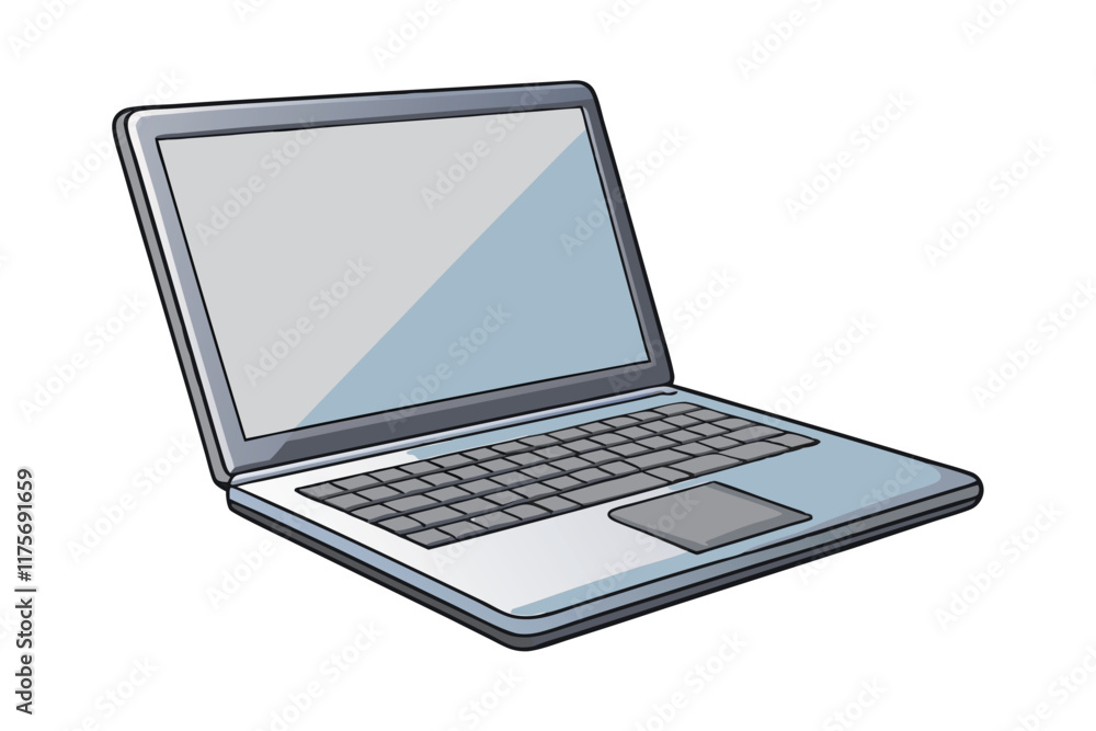 Grey and silver laptop with blank screen tilted at an angle, showcasing a modern design and sleek keyboard layout Grey and silver laptop with blank screen tilted at an angle, showcasing a modern design and sleek keyboard layout