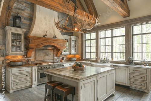 Wallpaper Mural Rustic Kitchen Design With Antler Chandelier And Wooden Beams Torontodigital.ca