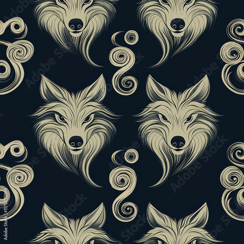 Pattern featuring stylized wolf heads and decorative swirls on a dark background, combining nature and artistic design elements. photo