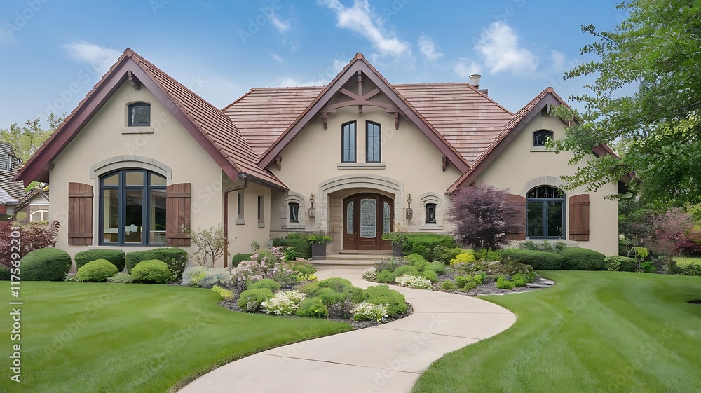 Charming Suburban Home with Red Shingle Roof and Stone-Stucco Exterior Surrounded by Vibrant Landscaping Charming Suburban Home with Red Shingle Roof and Stone-Stucco Exterior Surrounded by Vibrant Landscaping