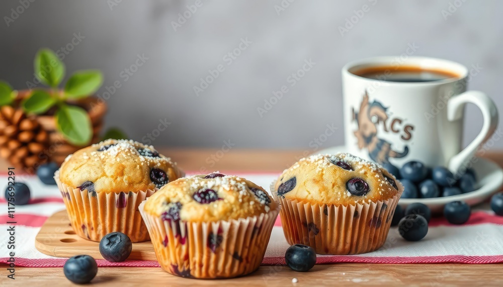 Blueberry muffins and coffee, breakfast scene, home setting, for food blog Blueberry muffins and coffee, breakfast scene, home setting, for food blog