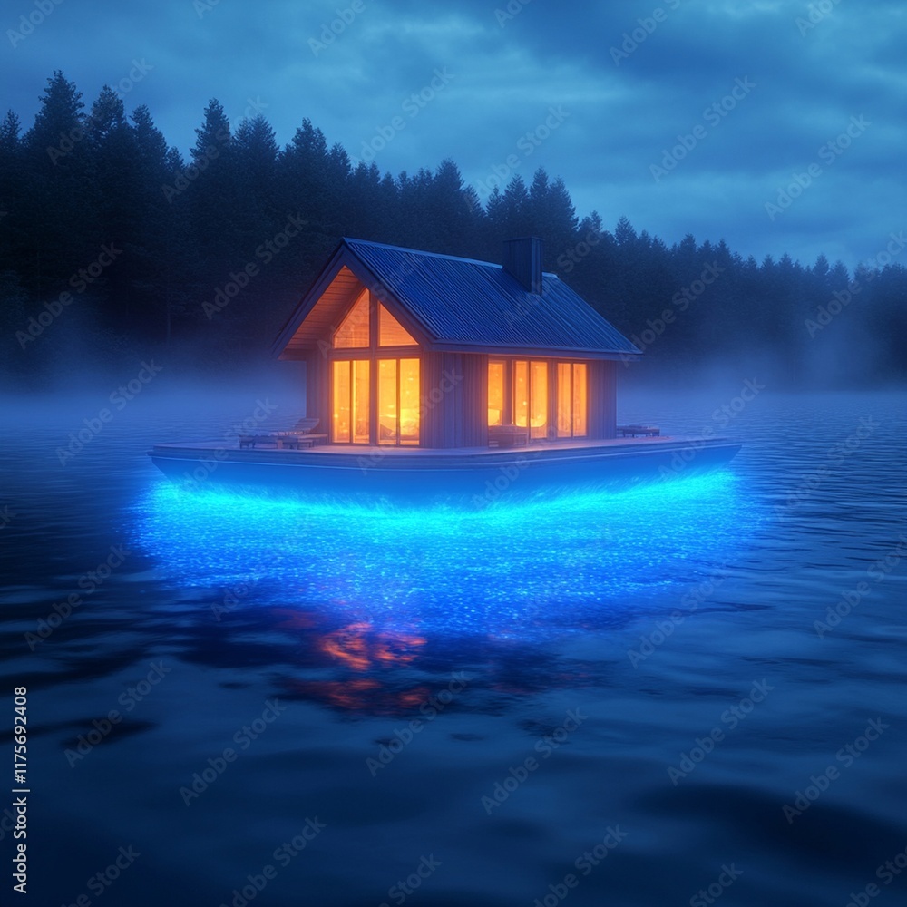 A glowing floating villa surrounded by misty water and trees at dusk A glowing floating villa surrounded by misty water and trees at dusk