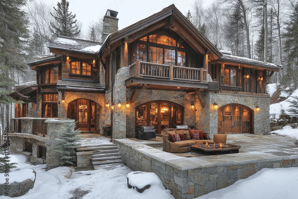Fototapeta premium Luxurious Mountain Home Winter Wonderland Setting