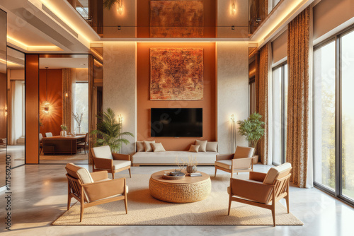 A photo of modern livingroom interior design: A living room filled with furniture and a flat screen television. photo
