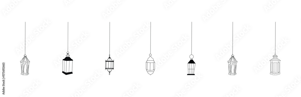 Set of Islamic lantern icons. Vector silhouettes in green and white. Perfect for Ramadan and Eid designs Set of Islamic lantern icons. Vector silhouettes in green and white. Perfect for Ramadan and Eid designs