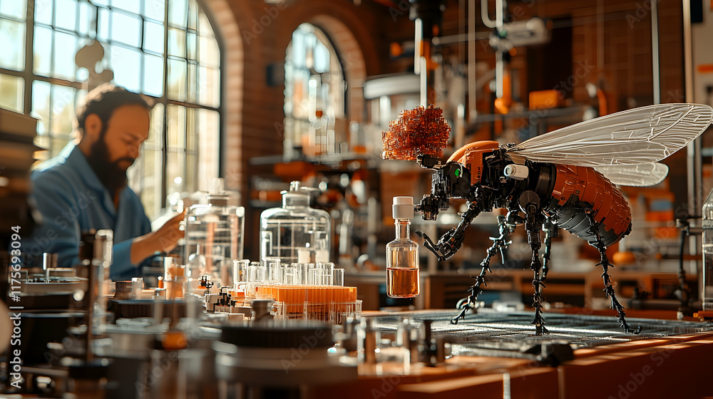 Scientist working in lab with robotic insect. Scientist working in lab with robotic insect.