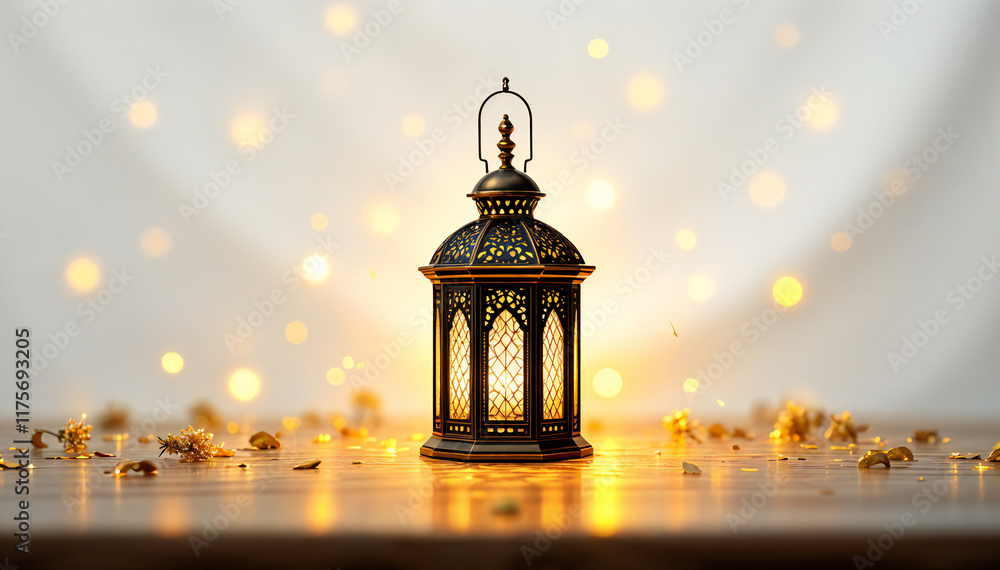 An ornate lantern with intricate metalwork and stained glass panels, sitting on a reflective surface with blurred lights in the background. An ornate lantern with intricate metalwork and stained glass panels, sitting on a reflective surface with blurred lights in the background.