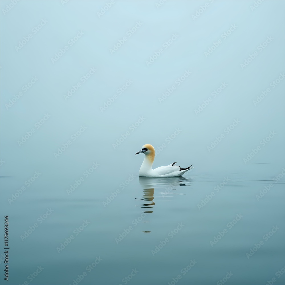 A solitary gannet bird floats on tranquil light blue water, its reflection mirrored on the surface, amidst a hazy atmosphere. A solitary gannet bird floats on tranquil light blue water, its reflection mirrored on the surface, amidst a hazy atmosphere.