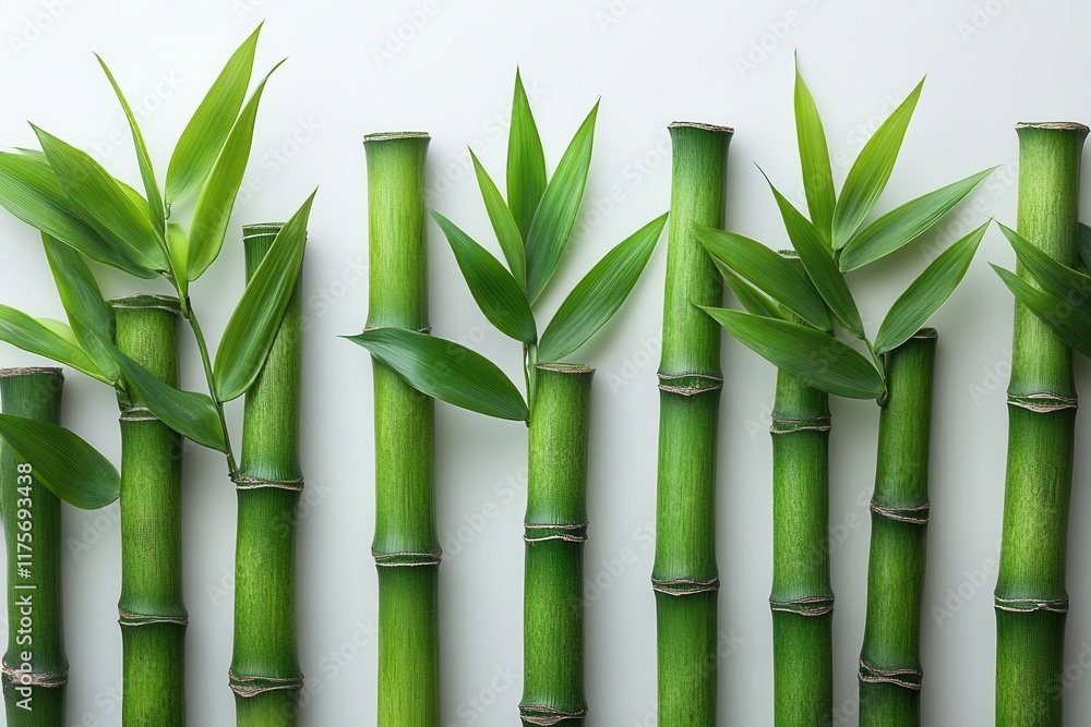 Obraz premium tropical bamboo trunks arranged elegantly on a white backdrop create a natural serene composition the texture and green hues evoke a sense of tranquility and ecofriendliness