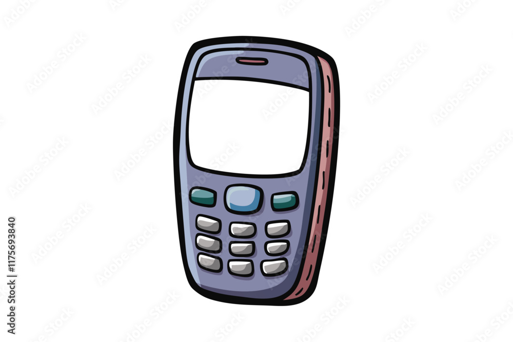 Illustration of a nostalgic mobile phone with buttons and display, hand drawn design in a clean and simple format Illustration of a nostalgic mobile phone with buttons and display, hand drawn design in a clean and simple format