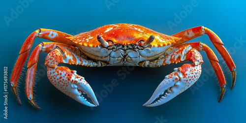 Cooked Atlantic Red Crab on Blue Background as Seafood Cuisine Delicacy photo