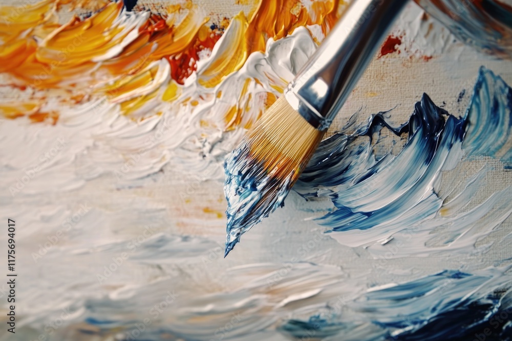 Obraz premium close-up of paintbrush dipping into palette with empty canvas softly blurred in background
