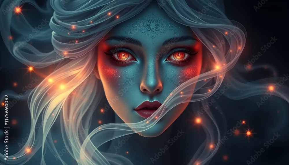 Mythical woman made of smoke and red aura Mythical woman made of smoke and red aura