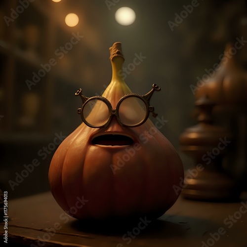 An anthropomorphic pumpkin with glasses sits on a table, exuding a quirky and humorous demeanor, with a dimly lit background. photo