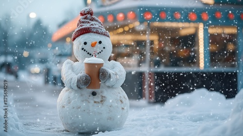 A snowman stands in a winter wonderland, shivering from the cold. Clad in a knitted hat, it holds a warm beverage, surrounded by gently falling snowflakes, evoking a cozy yet chilly atmosphere