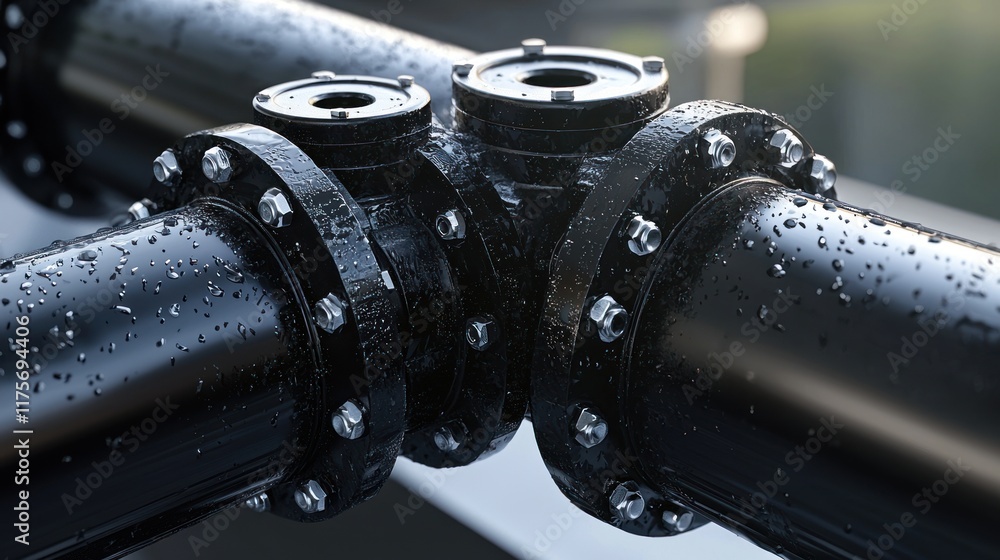 Industrial Pipes: Close-up of Black Metallic Pipes with Water Droplets Industrial Pipes: Close-up of Black Metallic Pipes with Water Droplets