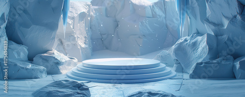 Elegant Podium Set in a Winter Wonderland of Ice and Snow. Ideal for Seasonal Product Showcases and Holiday Events. photo