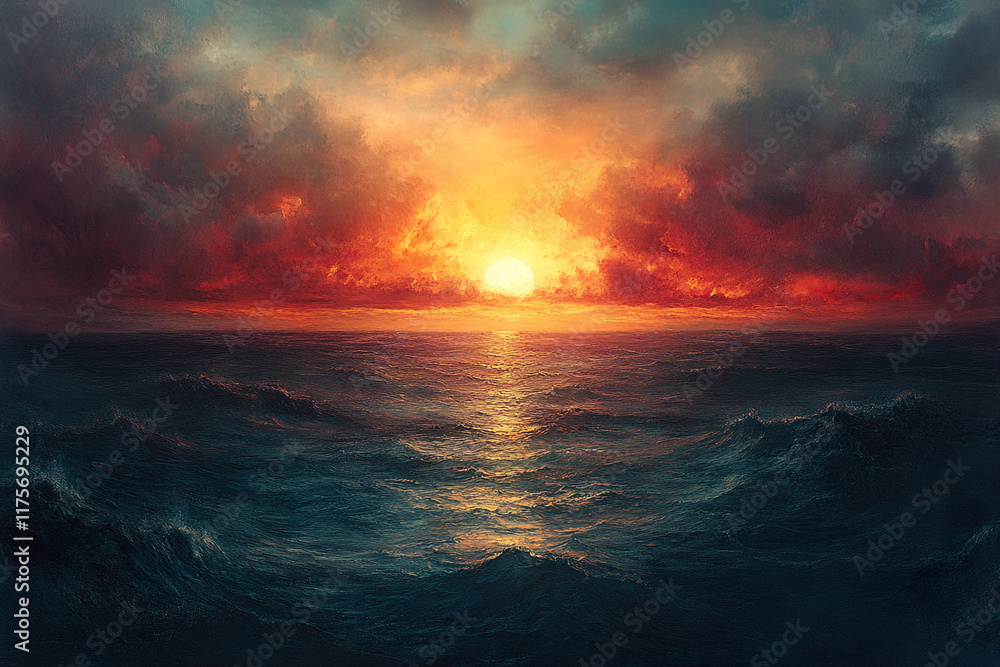 Fototapeta premium Fiery Sunset Over a Turbulent Ocean Sea