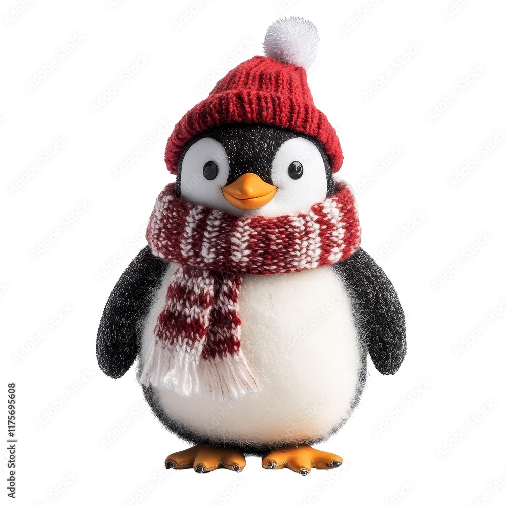 Fototapeta premium A cheerful penguin wearing a red knit hat and scarf sets New Year goals on a bright transparent background, Penguin with New Year Goals on transparent background