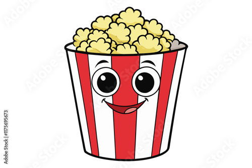 Adorable cartoon popcorn bucket with happy expression in red and white stripes, ideal for entertainment or food related graphics