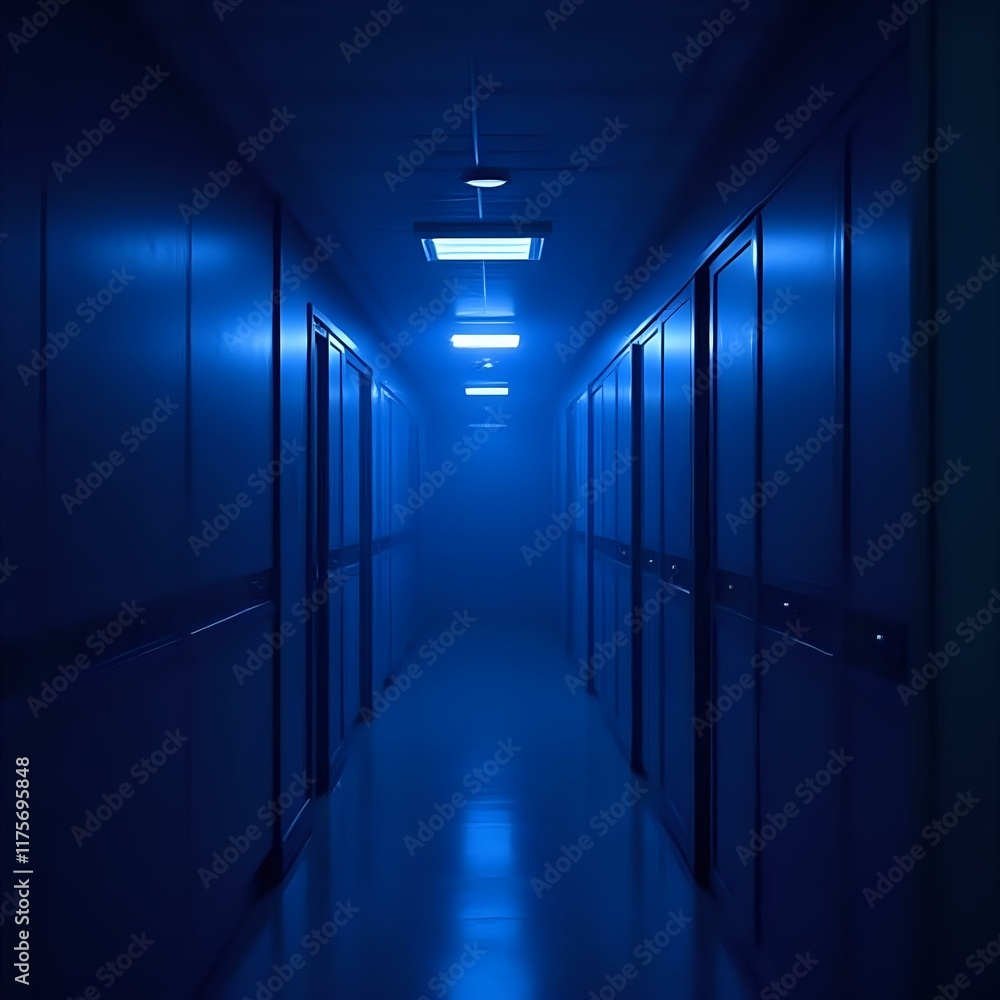 The image features a long, dimly lit corridor with rows of closed doors on both sides, bathed in a blue light.