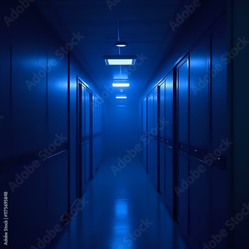 Obraz na płótnie The image features a long, dimly lit corridor with rows of closed doors on both sides, bathed in a blue light. w salonie