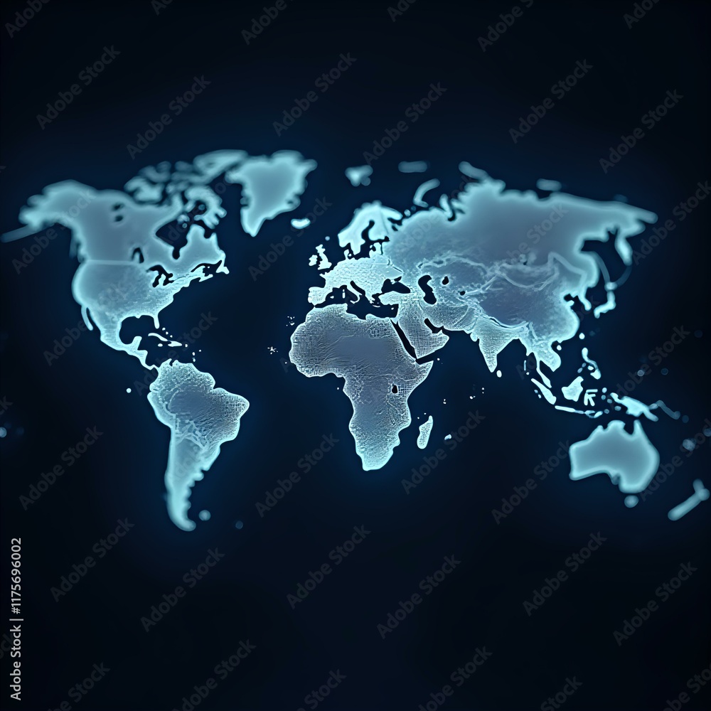 The image presents a digitally rendered world map, appearing as a digital-artistic rendition of the Earth's continents and oceans, rendered in a light blue hue against a dark background. The image presents a digitally rendered world map, appearing as a digital-artistic rendition of the Earth's continents and oceans, rendered in a light blue hue against a dark background.