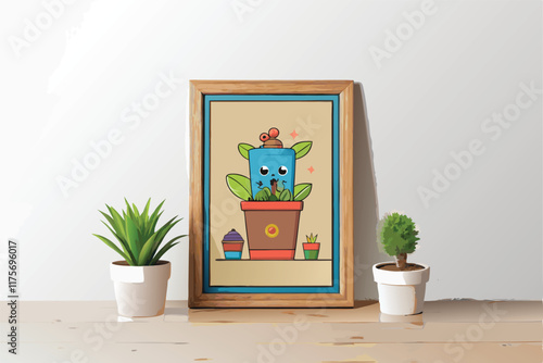 Mockup of a wooden frame featuring modern wall art, complemented by potted plants on a wooden surface