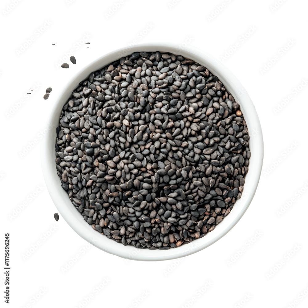 Top view of a transparent bowl filled with black sesame seeds on a clean surface, Top view of black sesame seeds in transparent bowl isolated on transparent background Top view of a transparent bowl filled with black sesame seeds on a clean surface, Top view of black sesame seeds in transparent bowl isolated on transparent background