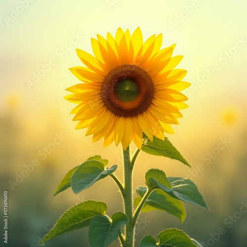 The image captures a sunflower with its radiant yellow petals and green center standing out against a blurred background, suggesting a serene, sunny atmosphere.
