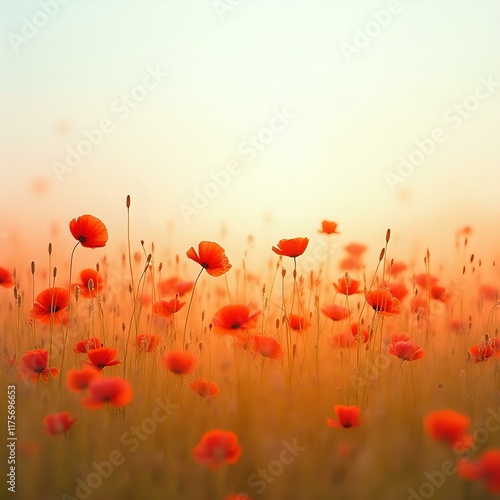 The image showcases a field of red poppies with soft, blurred hues in the background, evoking a serene and peaceful atmosphere.