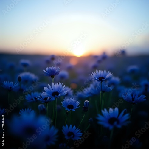 The image showcases a field of blue flowers at sunset, with the sun's warm glow visible through the foliage.