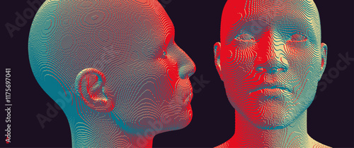 Abstract digital human head constructing from cubes. Minimalistic design for business presentations, flyers or posters. Technology and robotics concept. Voxel art. 3D vector illustration.