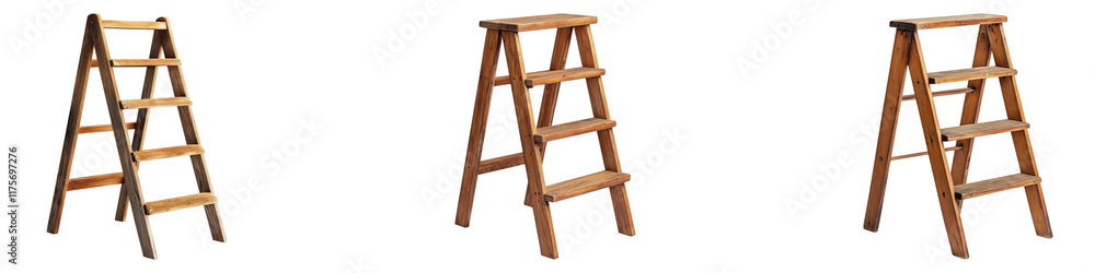Wooden three step folding ladder isolated on transparent background, Set of Wooden three step folding ladder isolated on transparent background, Set of