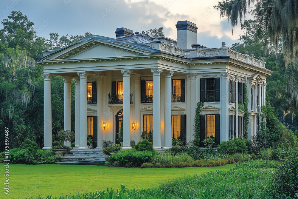 Elegant Southern Mansion At Dusk Illuminates Columns And Greenery Elegant Southern Mansion At Dusk Illuminates Columns And Greenery