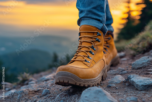 Golden Hour Hike: Sturdy hiking boots traverse a rocky mountain trail as the sun sets, painting the sky in warm hues. A close-up shot emphasizing durability and adventure.  photo