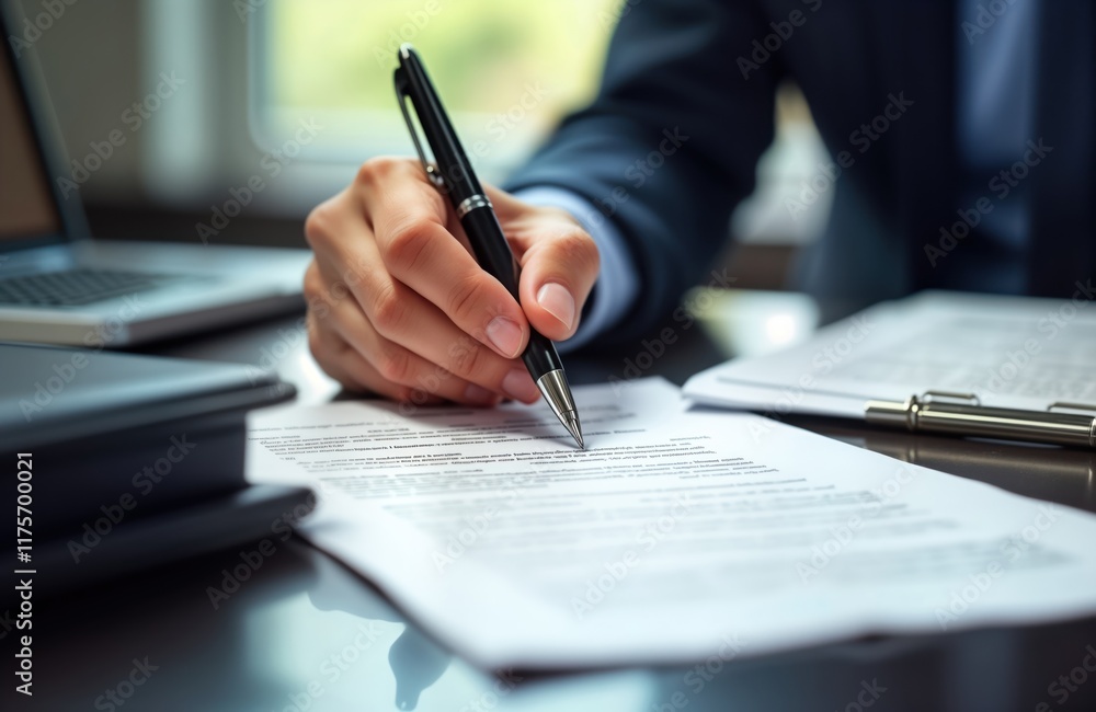 Businessman signs important company policy document. Carefully reads, signs legal terms, conditions. Office setting with laptop, briefcase. Formal business scenario. Business agreement reviewed. Businessman signs important company policy document. Carefully reads, signs legal terms, conditions. Office setting with laptop, briefcase. Formal business scenario. Business agreement reviewed.