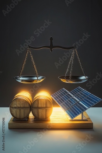 conceptual shot of balance scale with oil barrels on one side and solar panels on other glowing softly