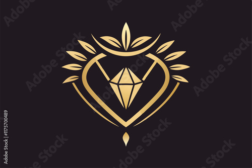 A sophisticated logo showcases a diamond surrounded by stylized leaves and a heart shape, Craft a simple and elegant logo for a prestigious jewelry brand