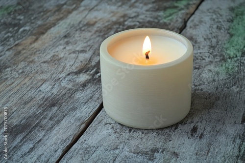 detailed view of unlit candle sitting on textured wooden surface with faint green accents photo